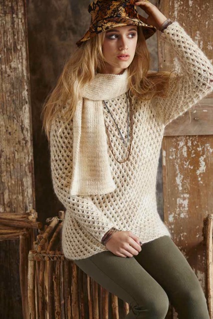 Mesh Sweater and Ribbed Scarf in Merino Mia and Gossamer; photo by Paul  Amato for LVARepresents.com